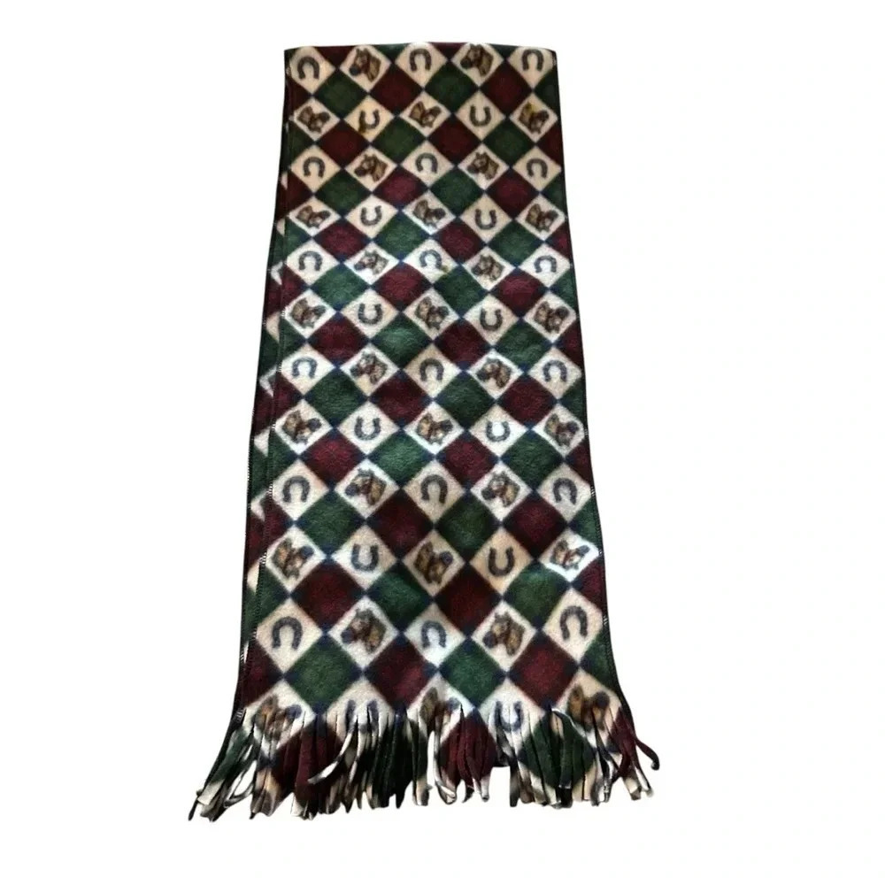 Red and Green Horse Fleece Scarf with Fringe